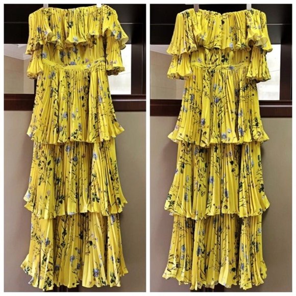 Yellow Floral Layered Off The Shoulder Dress Medium Large - Picture 6 of 7